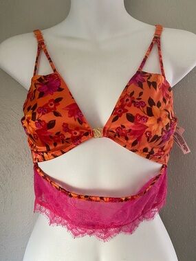 Victoria's Secret Orange Floral Bralette corset with Hot Pink Lace
